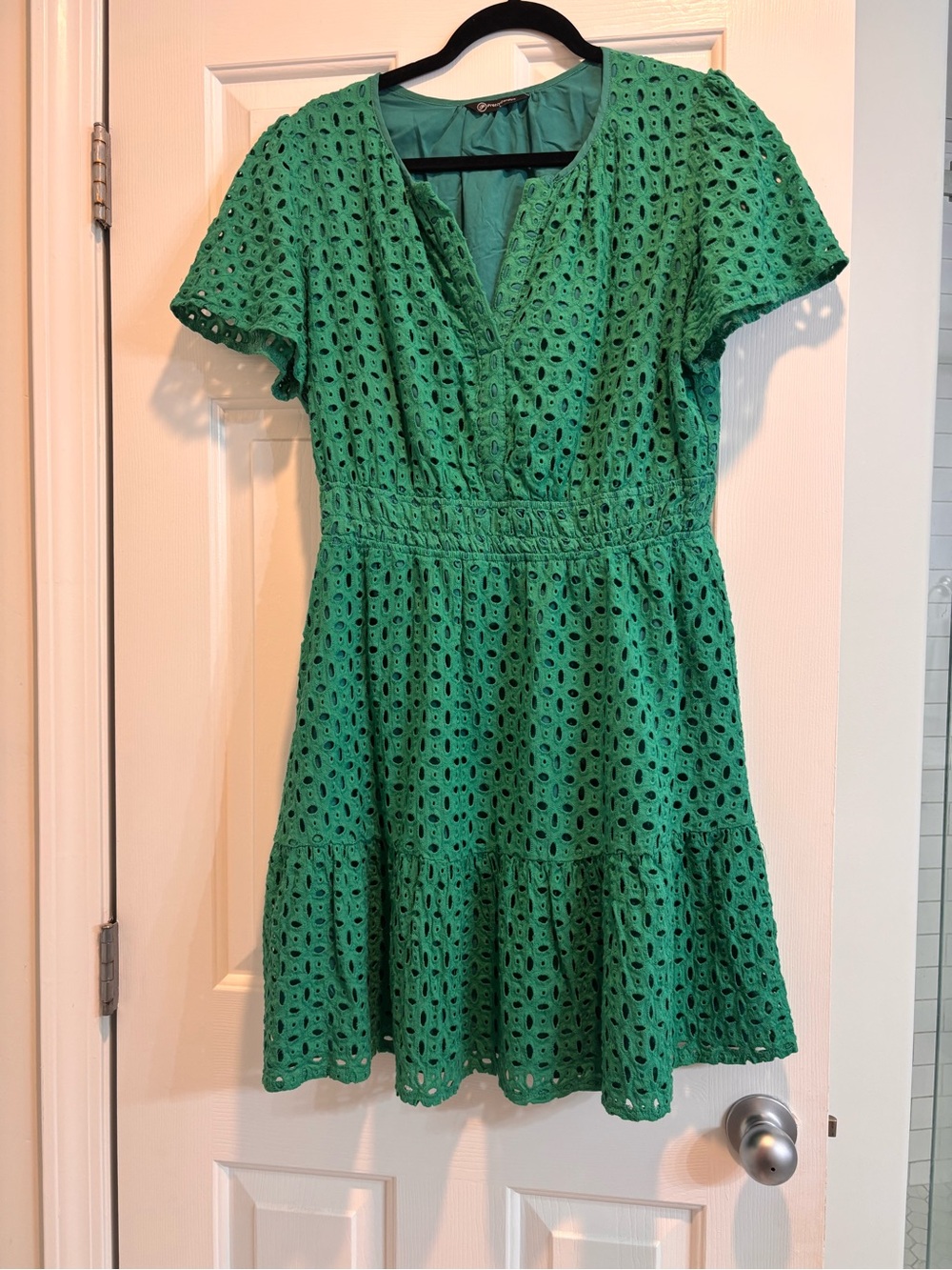Green Eyelet V-Neck Tiered Mini Dress